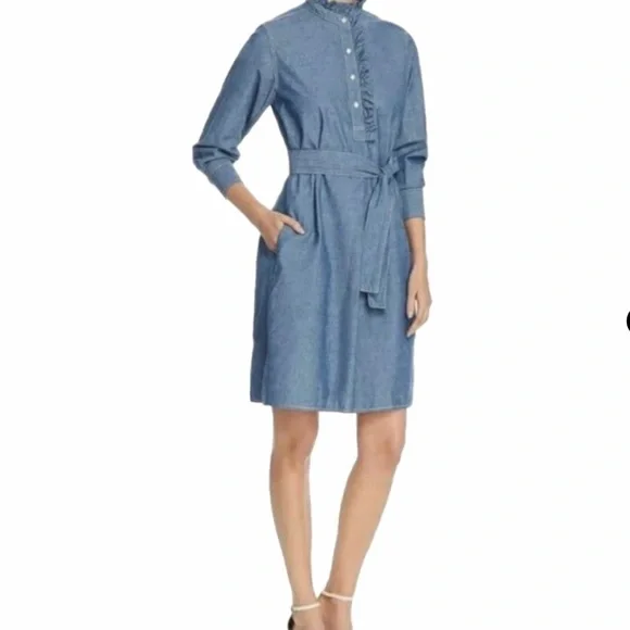 tory burch nadia denim dress Tory Burch Nadia Triple Washed Blue Denim Belted Mini Dress The Closet New York